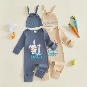Newborn Baby Boys Easter Outfit Adorable Letter Bunny Print Long Sleeve Jumpsuit and Hat Set