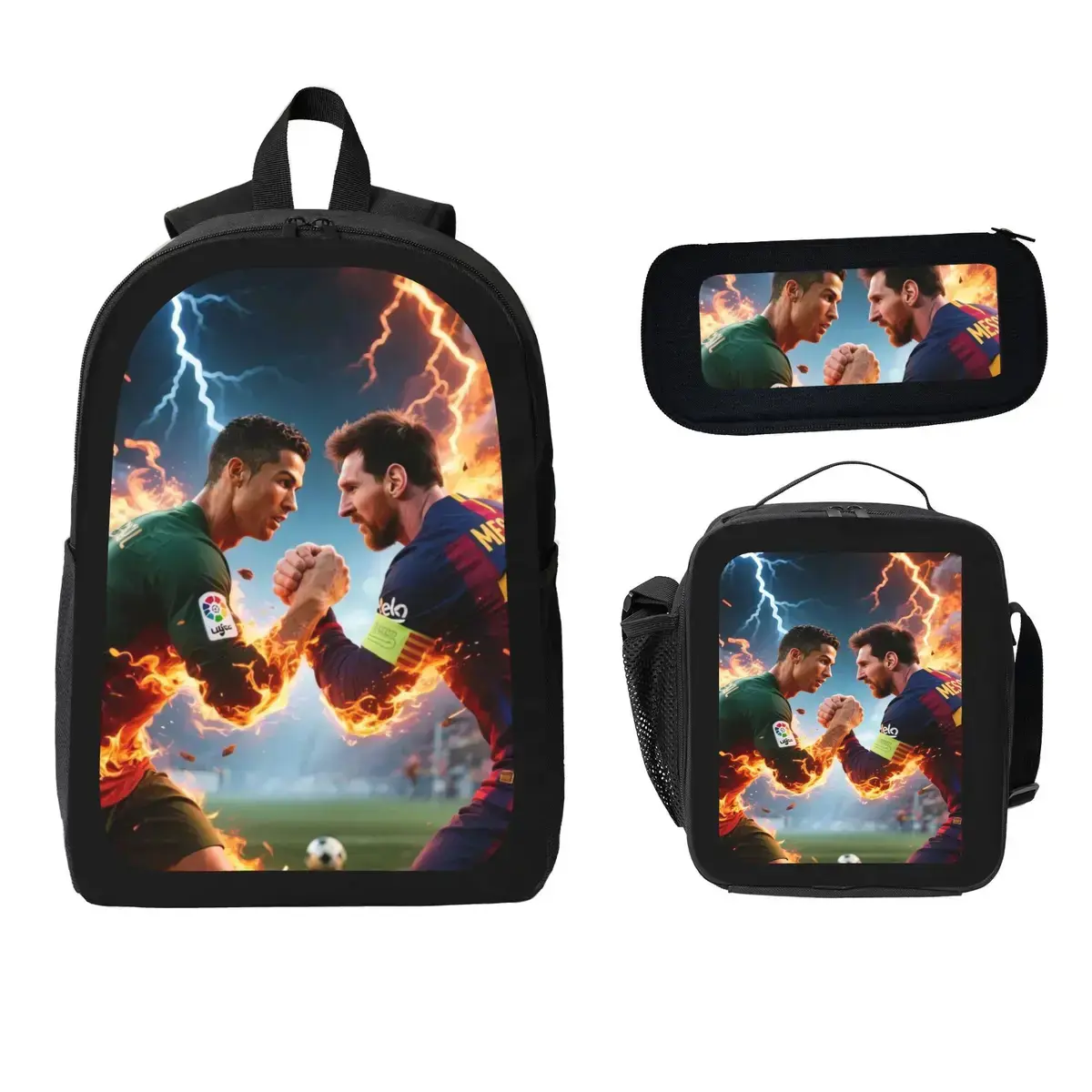 Boys' Soccer Legends 3-Piece Backpack Set - Boys Backpack for School, Football Stars Themed Large Capacity Multi-Use Day Bag with Lunch Box, Pencil Case for Male Youth Middle/High School Travel Gift