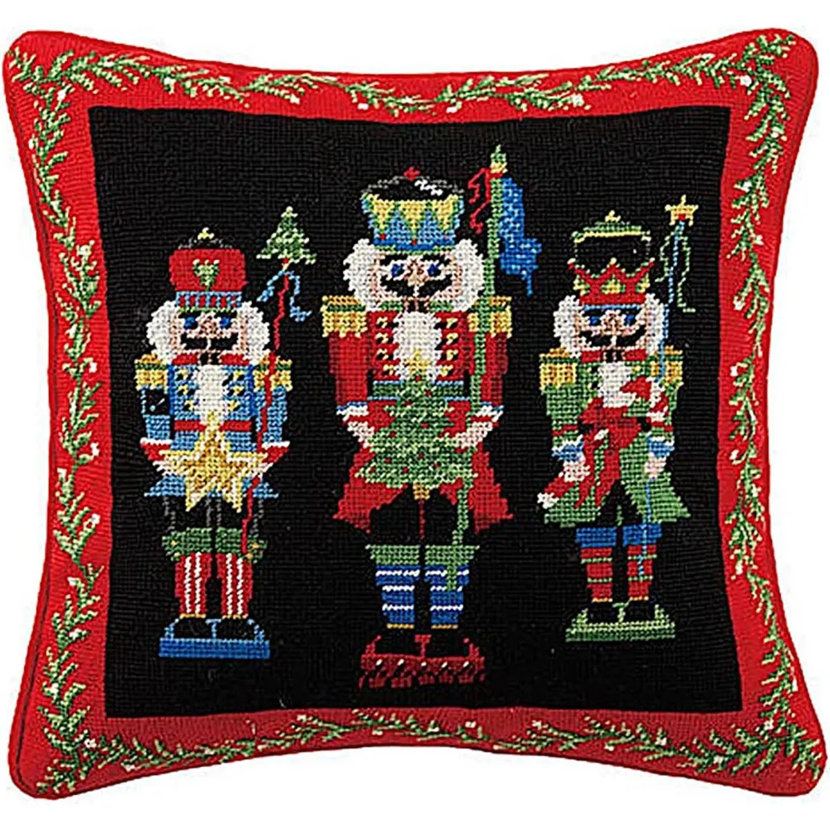 212 MAIN 16h x 16w in Wood-Accented Wool-Cotton Square Pillow - Peking Handicraft Nutcracker Trio Needlepoint Art, Creative Decorative Cushion, Festive Decorations, Nutcracker Christmas Decor Home Accent