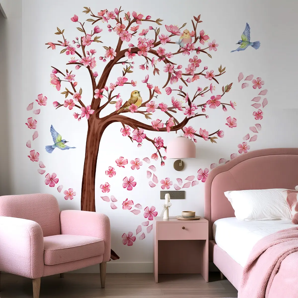 A set (30*90cm*2pcs) of hand-painted pink big tree, flower and bird flat Decorative Wall Decals Peel and Stick wall stickers for home bedroom background wall beautification and decoration, M17573