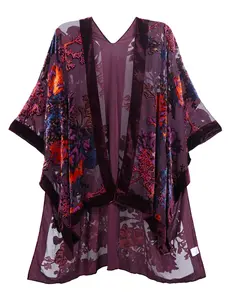 WeHello-Burnout Velvet Kimono for Women Jypf-6 Long Cardigan Beach Cover Up Vacation Casual Shawl Swimwear Coverups Clothes Outfit Womenswear Chic Party Piece