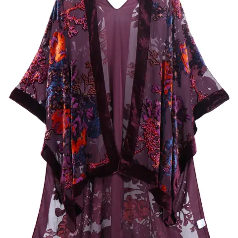 WeHello-Burnout Velvet Kimono for Women Jypf-6 Long Cardigan Beach Cover Up Vacation Casual Shawl Swimwear Coverups Clothes Outfit Womenswear Chic Party Piece