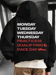 Men's Black Racing Schedule Hoodie with Weekly Motorsport Calendar Print, Causal Long Sleeves Top, Featuring PRACTICE/QUALIFYING/RACE DAY Red Accent Details for Racing Car Fans