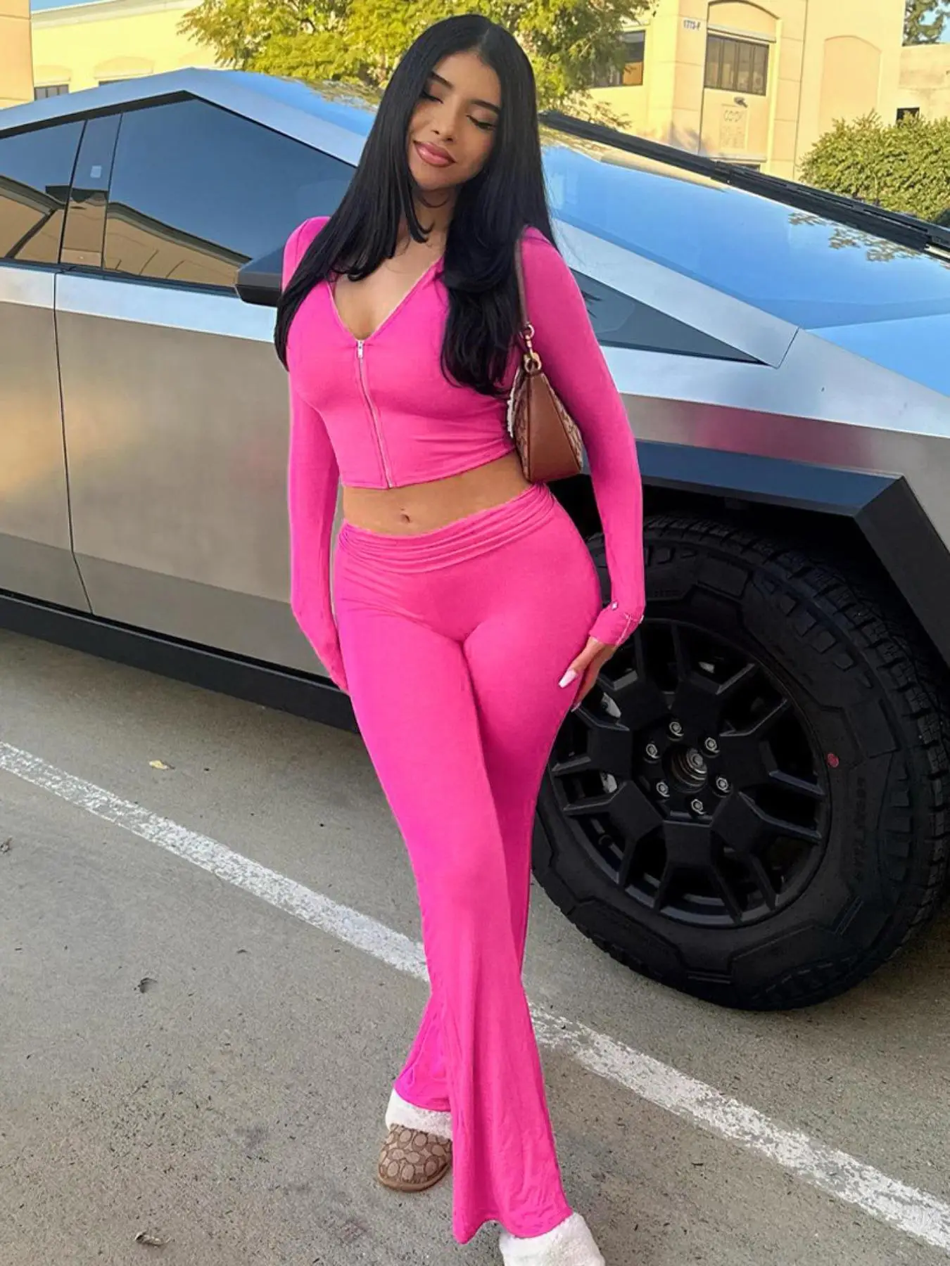 Women's Solid Zip Up Hooded Crop Tight Hoodie & High Waist Flare Leg Pants Set, Casual Fashion Long Sleeve Top & Bell Bottom Trousers, Ladies Spring &
