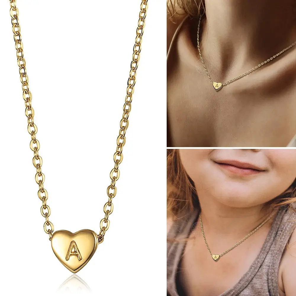 A-Z Initial Letter Heart Pendant Necklace For Women Stainless Steel Gold Color Name Charm Choker Jewelry