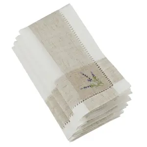 212 MAIN Linen-Blend Polycotton Hemstitch Napkins - Dark Purple with Embroidered Lavender Motif (SARO 2234.I20S), Set of 4 Kitchen Linens for Tableware Use, Linen-Blend Cloth Napkins, Polycotton Cloth Napkins