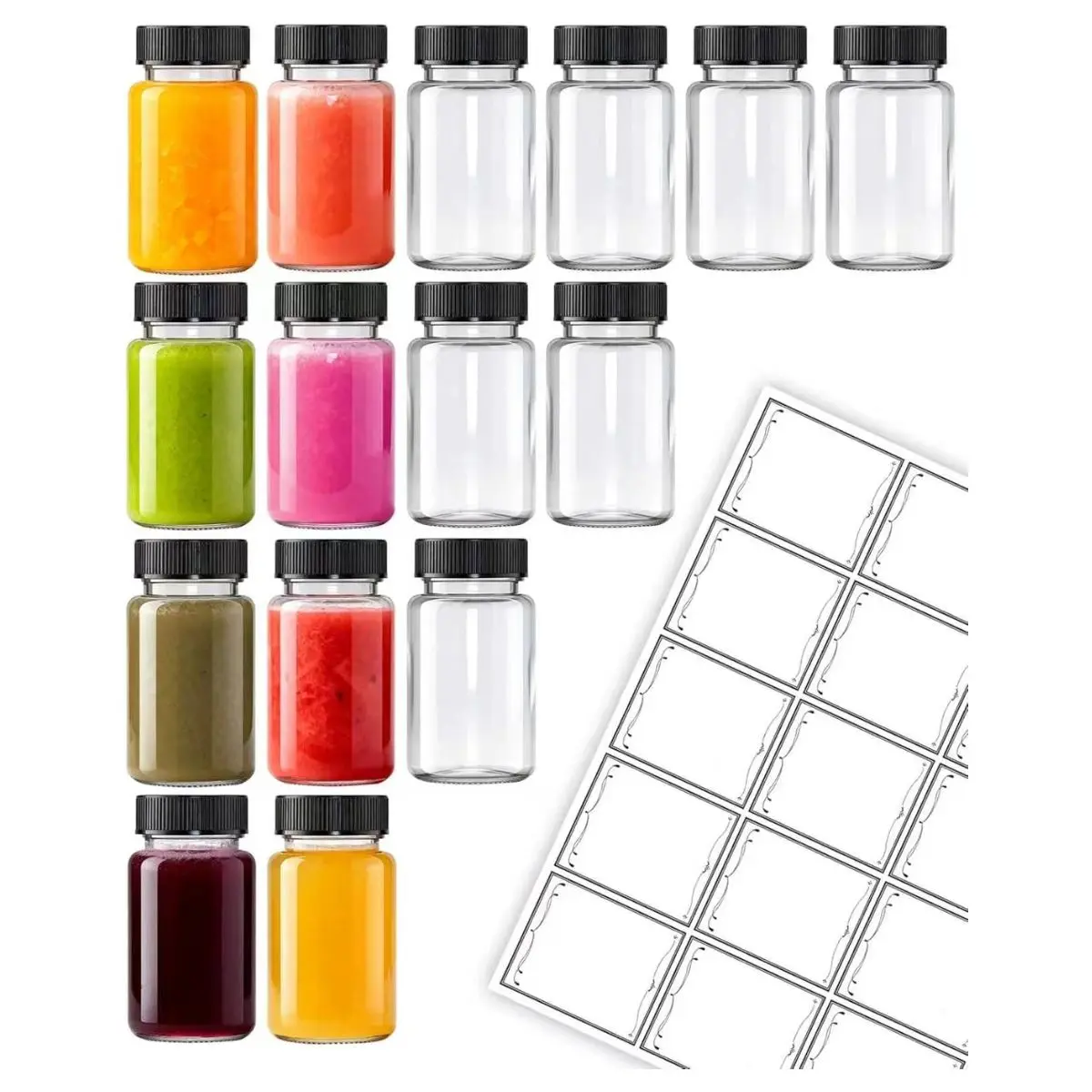 15PCS 2oz Glass Shot Bottles with Lids – Reusable Mini Juice & Wellness Bottles with Labels