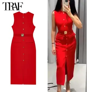 TRAF 2025 Women's Dress Summer Sleeveless Midi Dress Woman Red Black Office Long Dresses for Women Chic Belt Button Dress Women