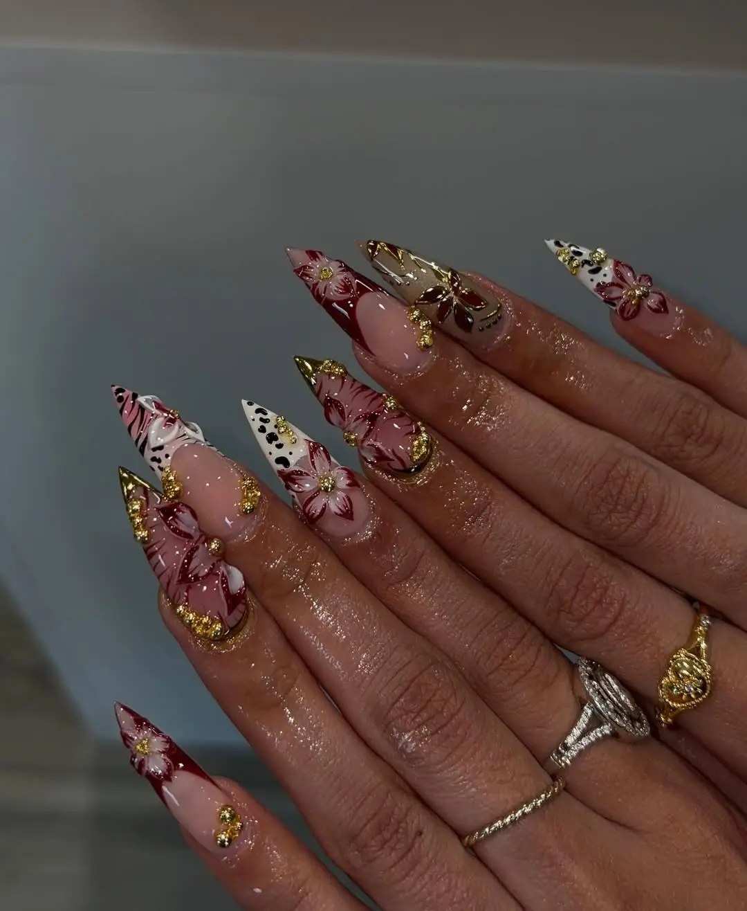 3D Flower With Pearl Press On Nails Gold Charm Cute Nail Art