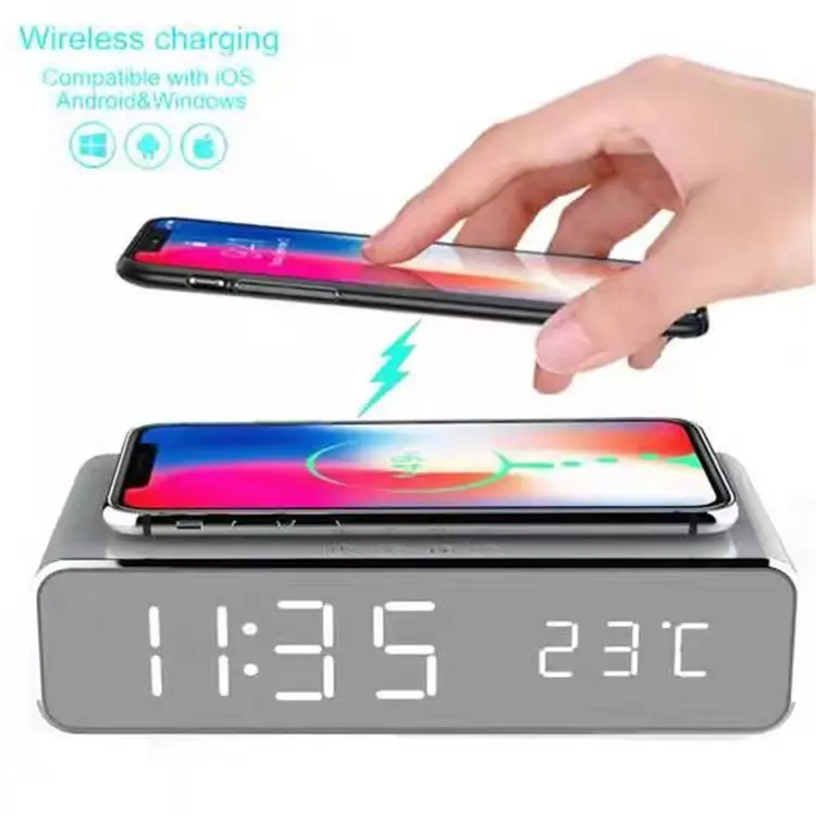 Wireless charger with LED alarm clock and thermometer three-in-one stylish control design is suitable for home or office use. Electronic Smartphone wireless  charger alarm clock Cellphone Cellphone