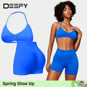 DEEFY Two-Pieces Suit Impact Strappy Bra&Impact Shorts Fitness Yoga Sports Women Activewear Gym Outdoor Tank Tops Hidden Scrunch Butt Lifting Gymwear Shorts Womenswear