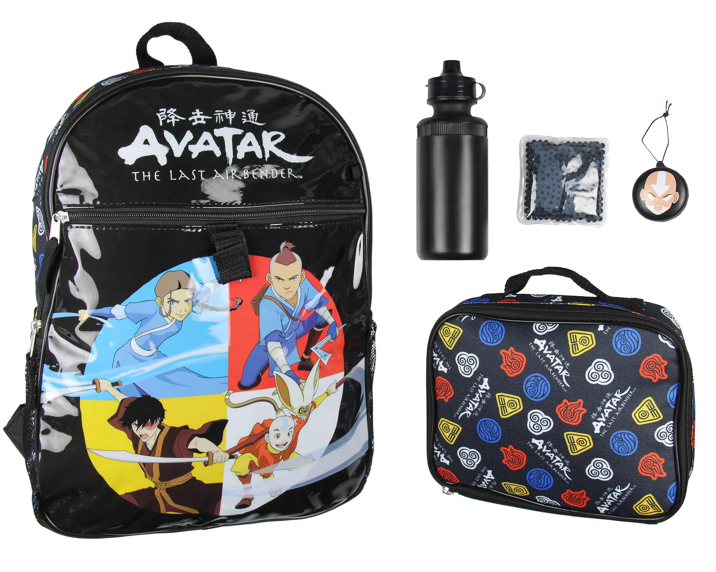 Nickelodeon Avatar The Last Airbender Characters Aang Zuko Katara Sokka 5 PC Backpack Lunch box Icepack Water Bottle Set 16"