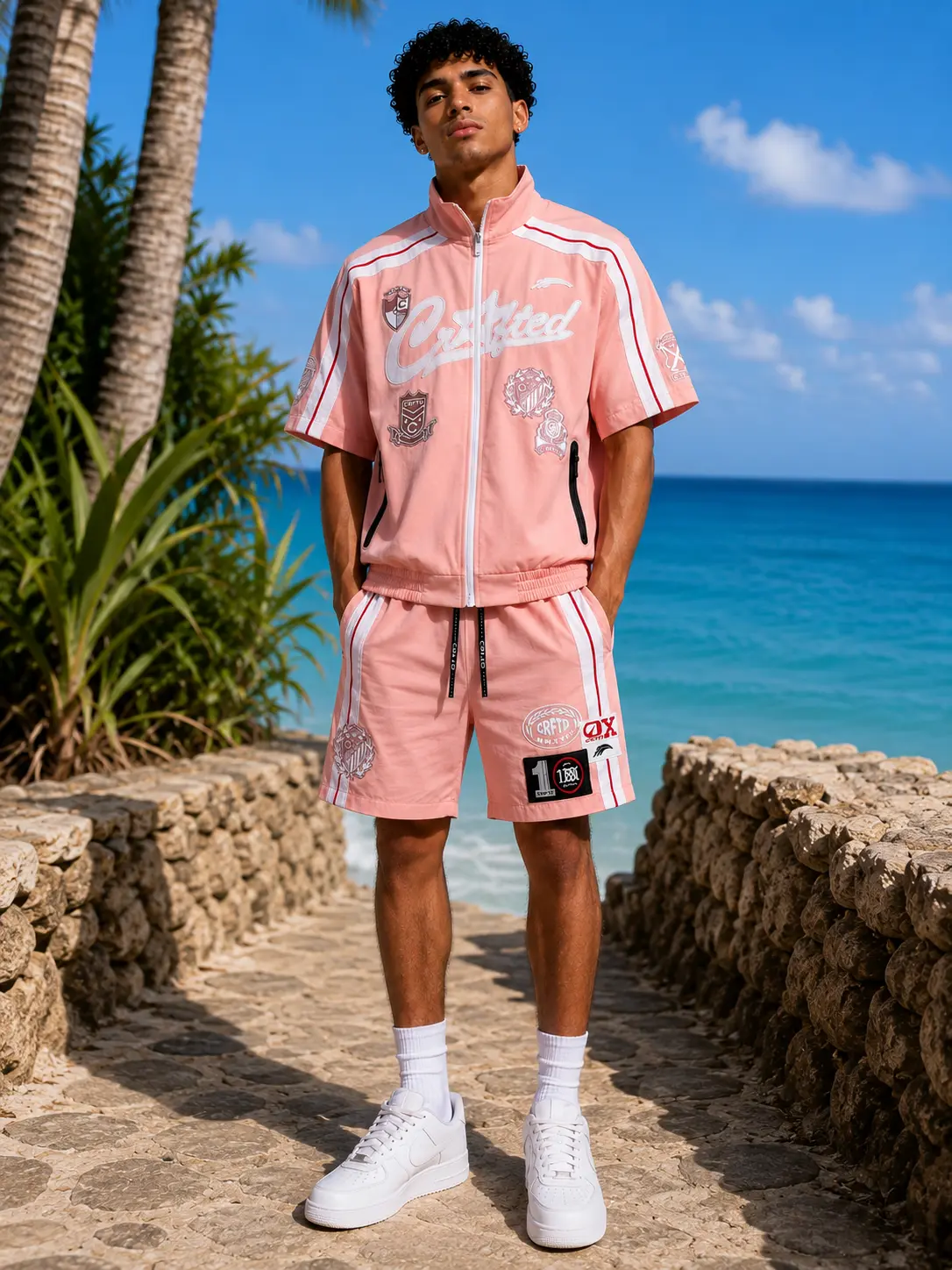 Unisex Athletic Track Jacket, Pink Lightweight Nylon Zip-Up Top for Gym Workouts & Casual Streetwear, Workout Sets Women, Athletic Men's Tracksuit Set, Light Pink Two-Piece Men's Tracksuit Set