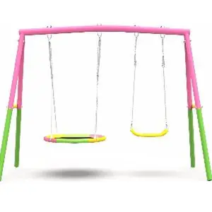 Swing Set for Backyard with Stand, 440lbs Swing Heavy Duty Metal Outdoor Swing Stand, Contain 1 Saucer 32" & 1 Belt seat 26.2" for Playground - Backyard Playset, Pink
