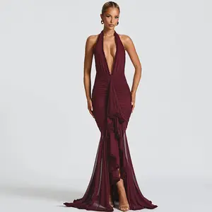 Halter Backless Maxi Dress – Elegant Mesh Bodycon Gown