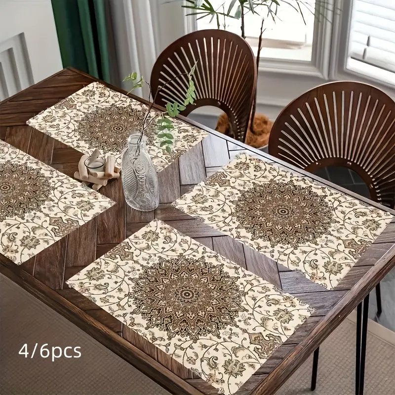 4/6pcs, Retro Bohemian Style Yellow Linen Placemat Set - Suitable for Holiday Dining And Kitchen Restaurant Coffee Table Decoration, Party Decoration, Home Decoration to Add a Festive Atmosphere to Your Room