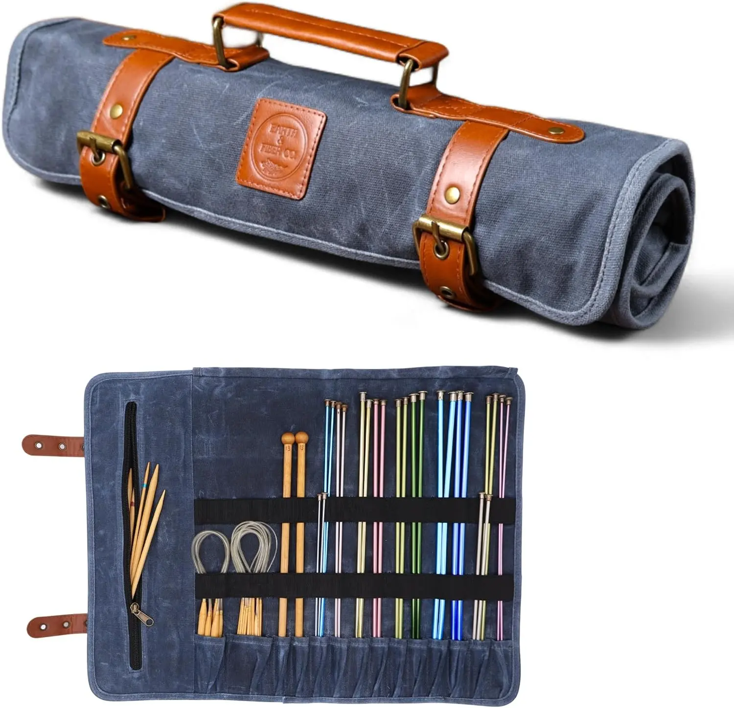 Earth & Fiber Co. Waxed canvas knitting needle case (up to 16 inches) - knitting bag - knitting needle organizer- knitting needle storage - circular knitting needle case (blue) Gift
