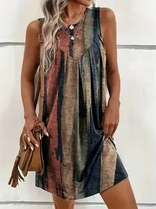 Women's Summer Round Neck Striped Vest Dress, Long Sleeveless Design, Elegant & Casual Style, Perfect for Night Out & Daily Wear, Womenswear