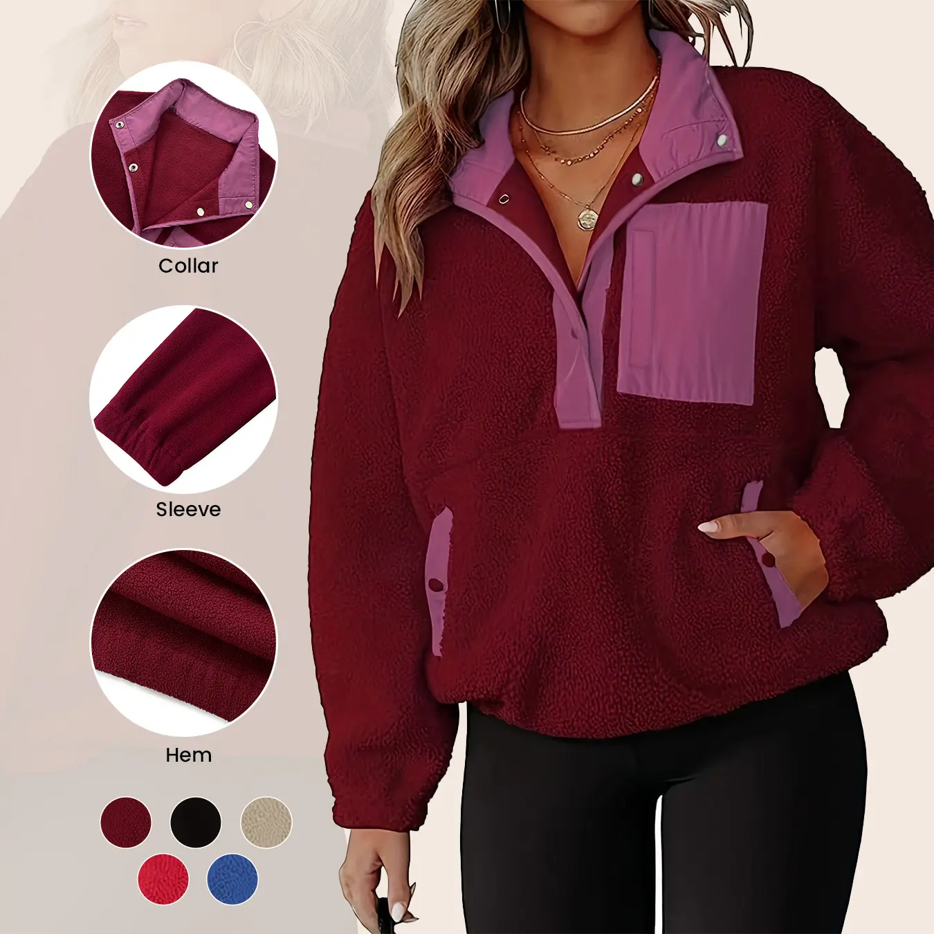 Aswulk Womens Fuzzy Fleece Pullover Sherpa Sweatshirt Long Sleeve Color clashing Button Down Sweater Winter Fleece Jacket with Pockets