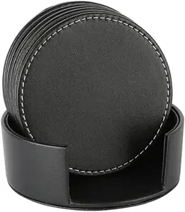 Set of 6 Leather Drink Coasters Round Cup Mat Pad with Holder for Tabletop Protection, Home Décor, Kitchen and Housewarming Gift (Black, 4")