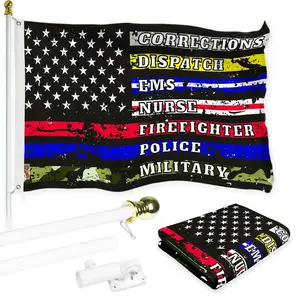 G128 Combo Pack: 6 Ft Tangle Free Aluminum Spinning Flagpole (White) & Thin Line First Responders  3x5 Ft, LiteWeave Pro Series Printed 150D Polyester | Pole with Flag Included