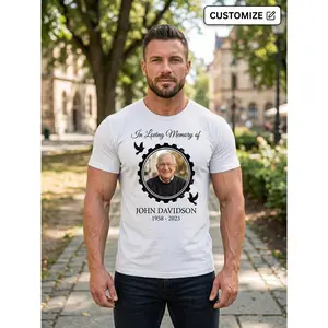 Custom Personalized Photo Memorial T-Shirt for Men And Women, in Loving Memory of Rest Peace Remembrance Graphic with Name Date, Black Crewneck Short Sleeve Sympathy Gift Funeral Apparel Comfortable E