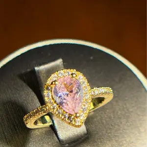 *ANGEL’S TEAR* (PINK)    ITEM#00000012 European 14K Gold Plated Halo Three-Prong Setting Pear-Cut Large Pink Cubic Zirconia Adjustable Fashion Ring (Center Stone 1.25 Carat, Ring Size 6 and Up)