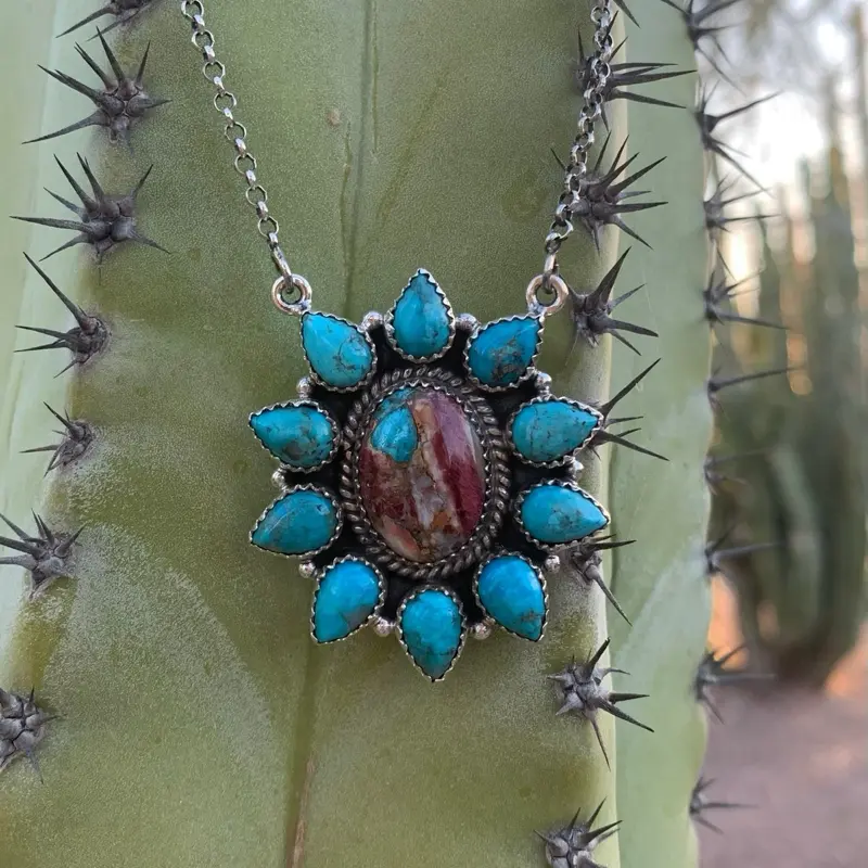 Purple Dahlia & Turquoise Cluster necklace