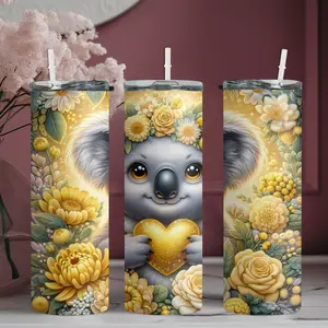 20oz stainless steel water bottle with straw, Koala wearing a wreath and holding a golden heart skinny tumbler, suitable for fitness, travel, driving, and daily use at home. A great gift for family and friends | 1pc