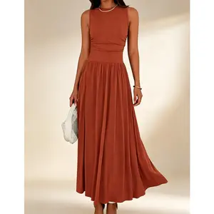 Summer Maxi Dresses for Women 2026 Spring Sleeveless Casual Ruched High Waisted Long Sundress Flowy Beach Dress
