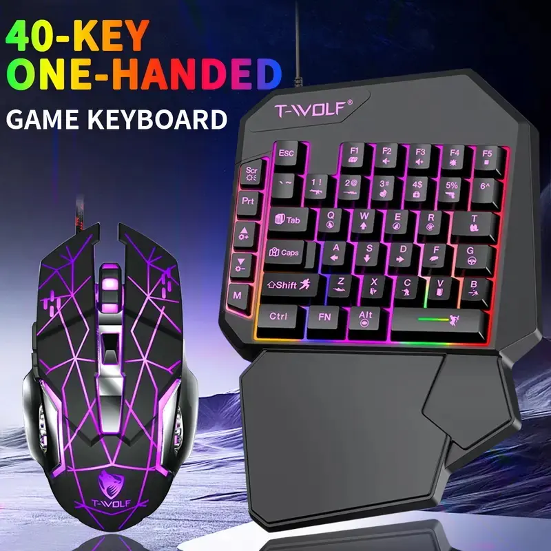 FPS Gaming USB Powered Keyboard & Mouse Combos for PC/Laptop, 40-Key Single-Handed Compact Mechanical Feel Keypad with Rainbow Backlighting & Ergonomic Wrist Rest, 6-Key Programmable 3200DPI Adjustable Gamer Mouse