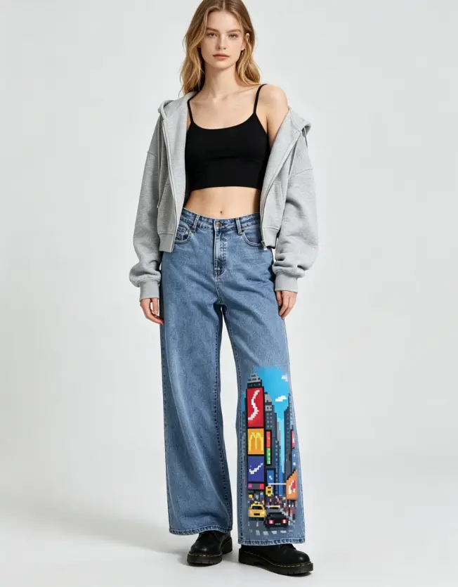 Pixel NYC Times Square Arcade City Print Flare Jeans, DGT Direct To Garment Print, Unisex Retro Game Aesthetic Denim