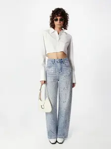 2026 Y2K Rhinestone Wide Leg Jeans for Women, Sparkly High Waisted Baggy Denim Pants, Vintage Washed Blue Streetwear Trousers #Greenish #TikTokShopSpringGlowUp