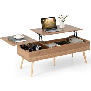 47 Inch Lift Top Coffee Table with Storage, Large Split Top Accent Table with Pneumatic Rods, 2 Hidden Compartments & 5 Solid Wood Legs, Center Table for Living Room (Brown)Nordic modern style, multifunctional coffee table