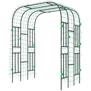 8 FT Tall Metal Garden Arch Trellis, PE Coated Rust-Resistant Steel Frame with Climbing Net, Vertical Gardening Support for Cucumbers, Backyard Patio Walkway Use