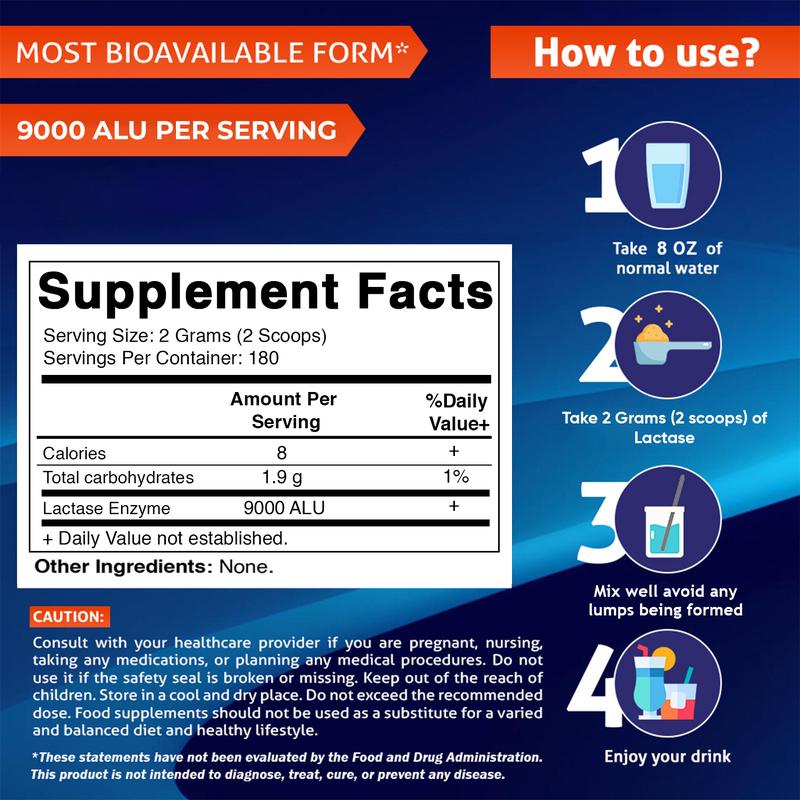 Vitamatic Lactase Enzyme Powder 9000 ALU Per Serving 180 Servings Supports Lactose Digestion Non-GMO Gluten Free Formulated by Healthcare Professional Vitamin Dietary