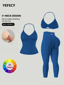 Women's Sports Set 3-Piece, Sporty Set, Tank Top + High-Waisted Leggings, Workout Gym Clothing, Athletic Workout Clothing, Removable Padding, Comfortable Fit, All Seasons, Multiple Colors Available
