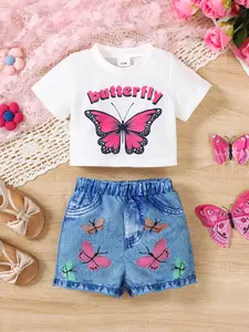 Ready Stock 3-24M Baby Girls Butterfly Print Short Sleeve T-shirt Elastic Shorts 2Pcs For Summer Casual Wear 12412223