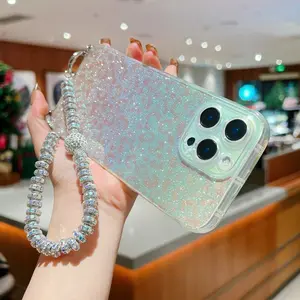 Colorful Gradient Leopard Print Phone Case for iPhone 17 16 15 12 13 X/XS, Includes Sparkling Diamond Lanyard, Handheld Portable for Daily Use and Travel
