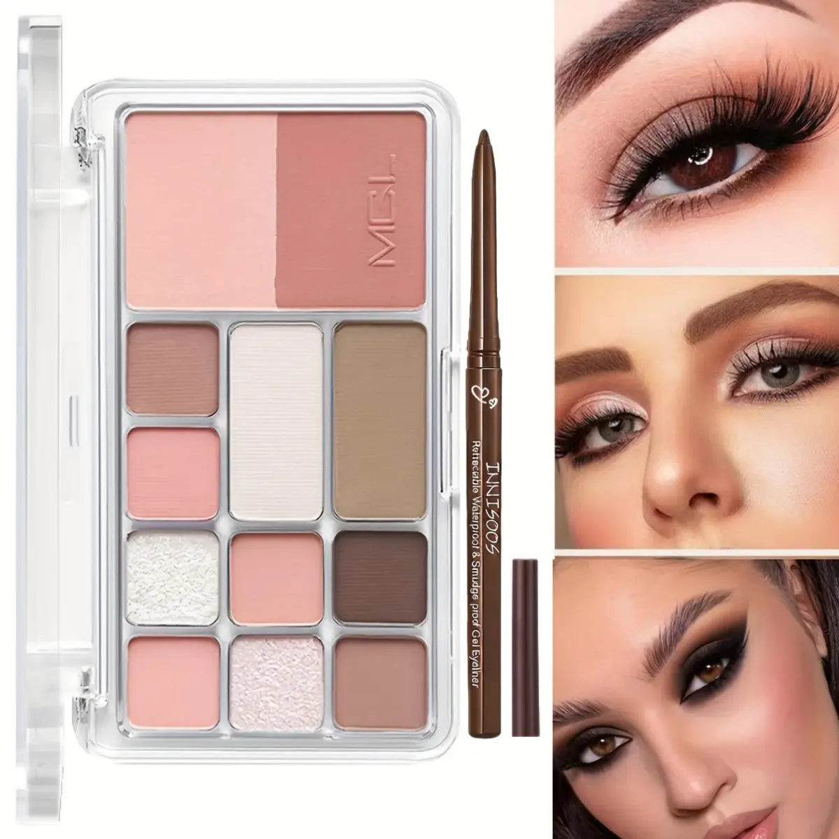 12-Color Eyeshadow Palette & Eyeliner Pen Set, Eye Makeup Cosmetic, Multi-Functional Shades for Highlighting, Blush, Contour, Smooth Liner, Perfect for Daily Use