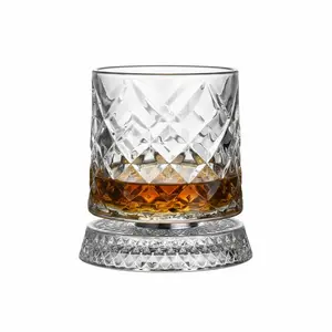 Stress Relief Spinning Whiskey Glass, 275ml Vintage Rhombus Crystal Tumbler, 360° Rotatable Base Heavy Glass Cup for Office Desk, Bar, Party Decoration