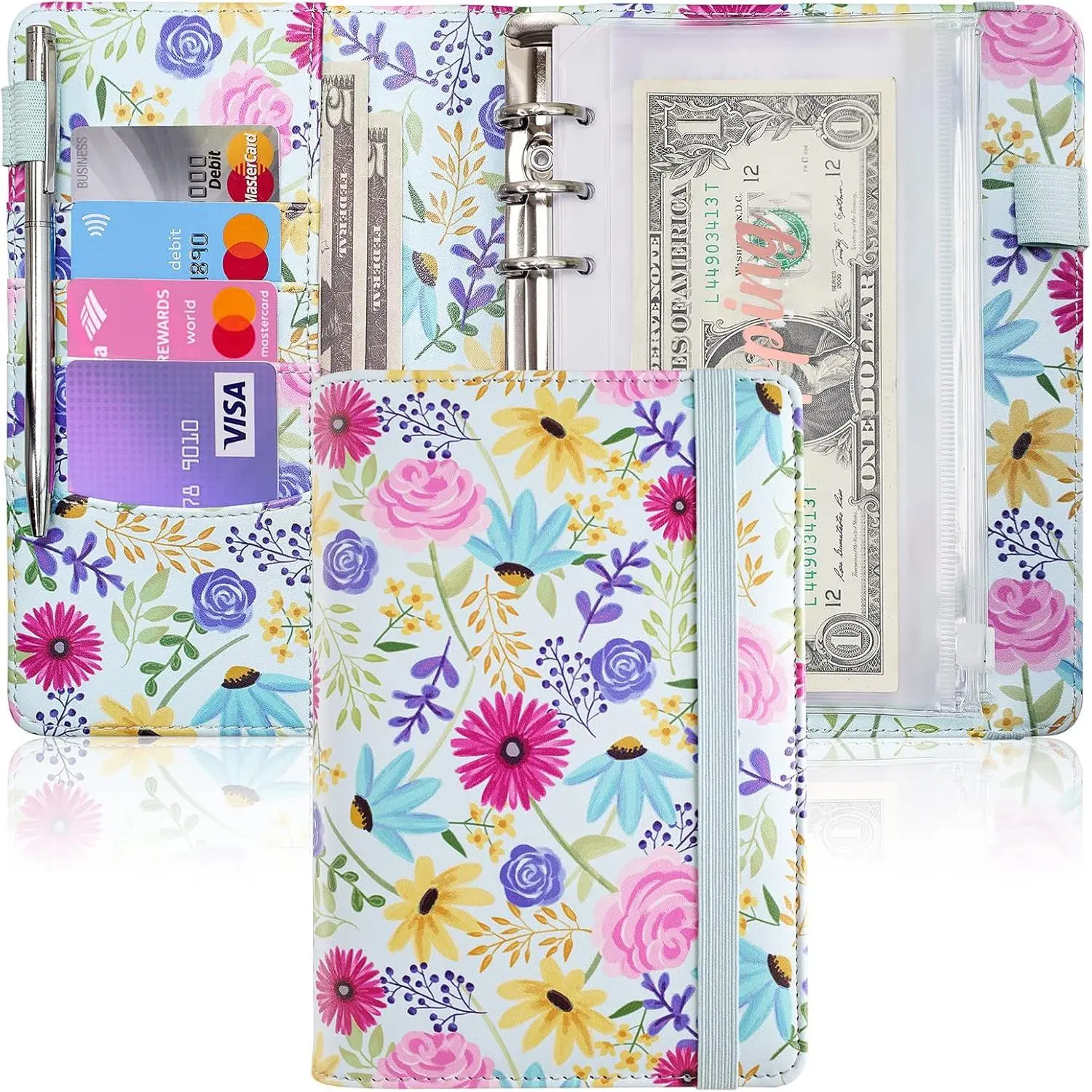 A6 Budget Binder for  Saving, PU Leather Budget Planner with 8  Envelopes, Budget Sheets & Rose  Category Stickers,  Organizer for  (Blue Flower)