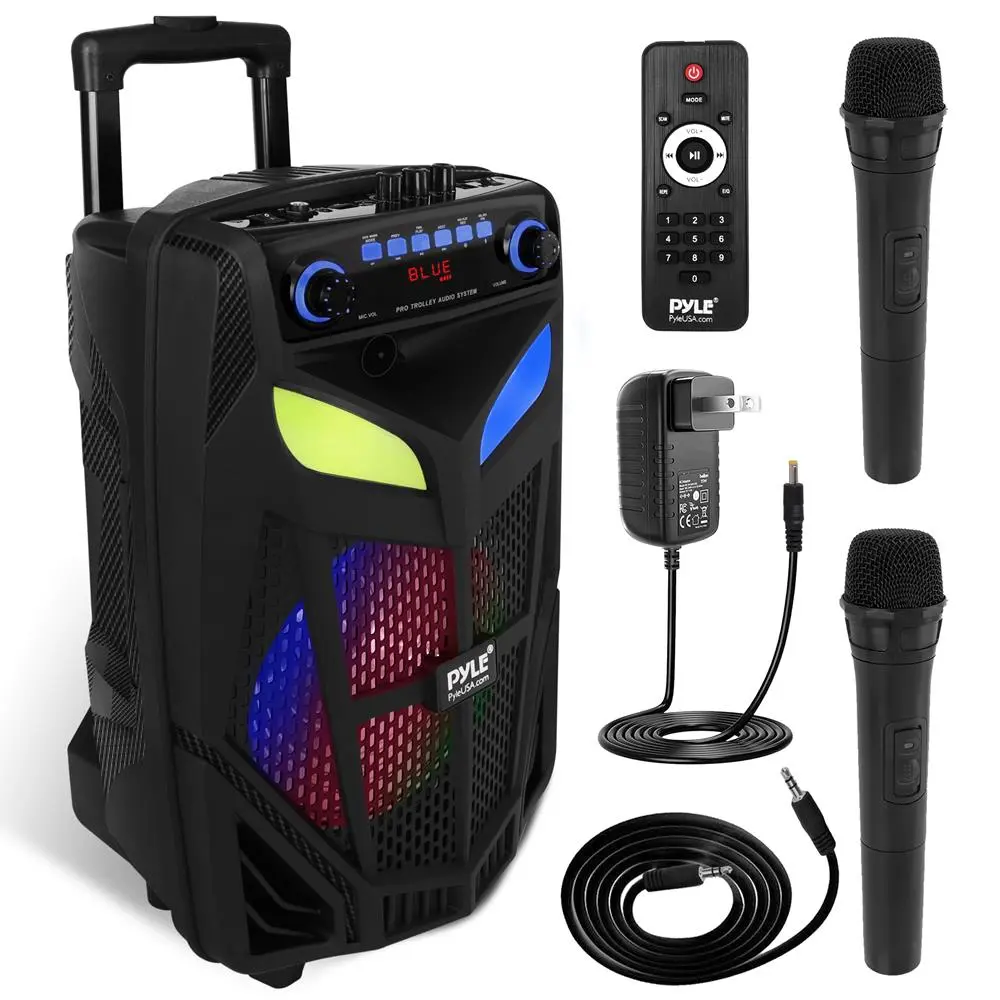 Pyle Portable Bluetooth PA Outdoor Speaker - 600W 10" Subwoofer with LED Party Lights, Rechargeable Battery, TWS, FM Radio, USB/SD/AUX, Dual Cordless Mics for Karaoke, Events, Smartphone Compatibility
