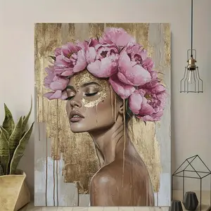 1pc Artistic Frameless Canvas Wall Art - Floral Crown Woman Portrait, Modern Vintage Art Deco Design, High-Quality Printed Vertical Poster, Textured Background, Flowers-Themed Decoration for Living Room, Bedroom, Home Office