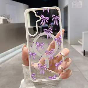 Magnetic Phone Case for Samsung Galaxy S24 Plus S25 Ultra S23 FE Ultra S22+ Lavender Bows Pattern TPU Shockproof Anti-Scratch Stylish Smartphone Cover