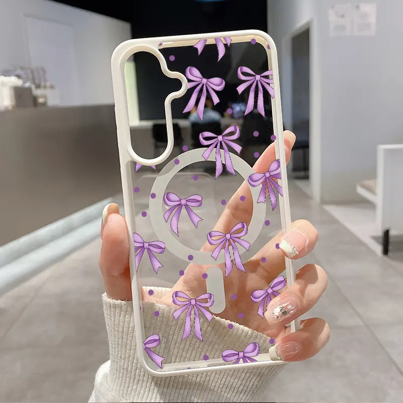 Magnetic Phone Case for Samsung Galaxy S24 Plus S25 Ultra S23 FE Ultra S22+ Lavender Bows Pattern TPU Shockproof Anti-Scratch Stylish Smartphone Cover