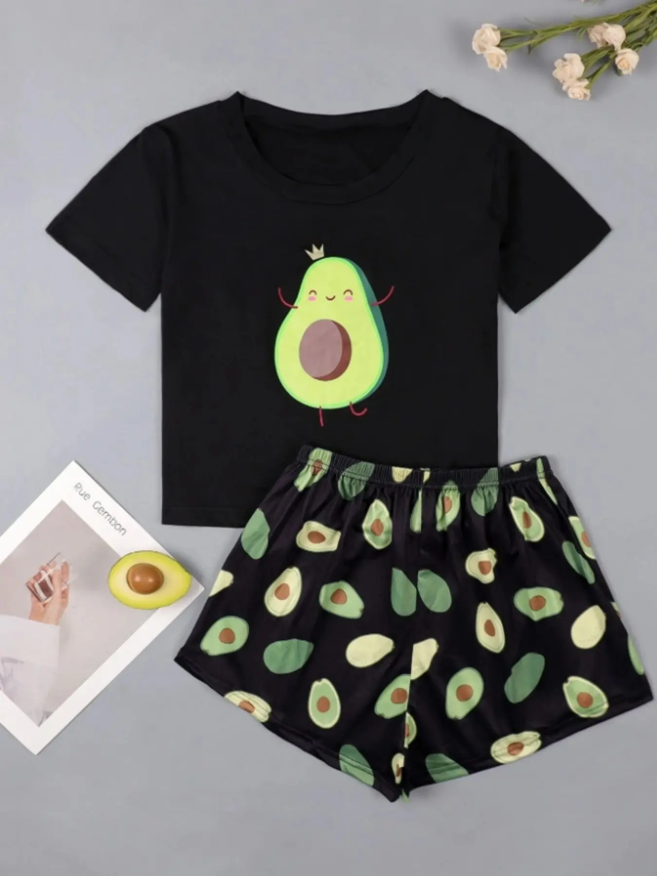 Spring Summer Cartoon Avocado Round Neck Print Top + Shorts Matching Set, Womenswear, Casual Comfortable Home Wear, Fitted Style, Fruit Pattern Clothes
