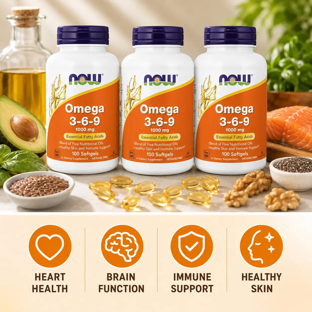 Omega 3-6-9 1000mg Softgels, Blend of Flax Seed, Evening Primrose, Canola, Black Currant & Pumpkin Seed Oils, Daily Wellness & Heart Health Support, 100 Softgels