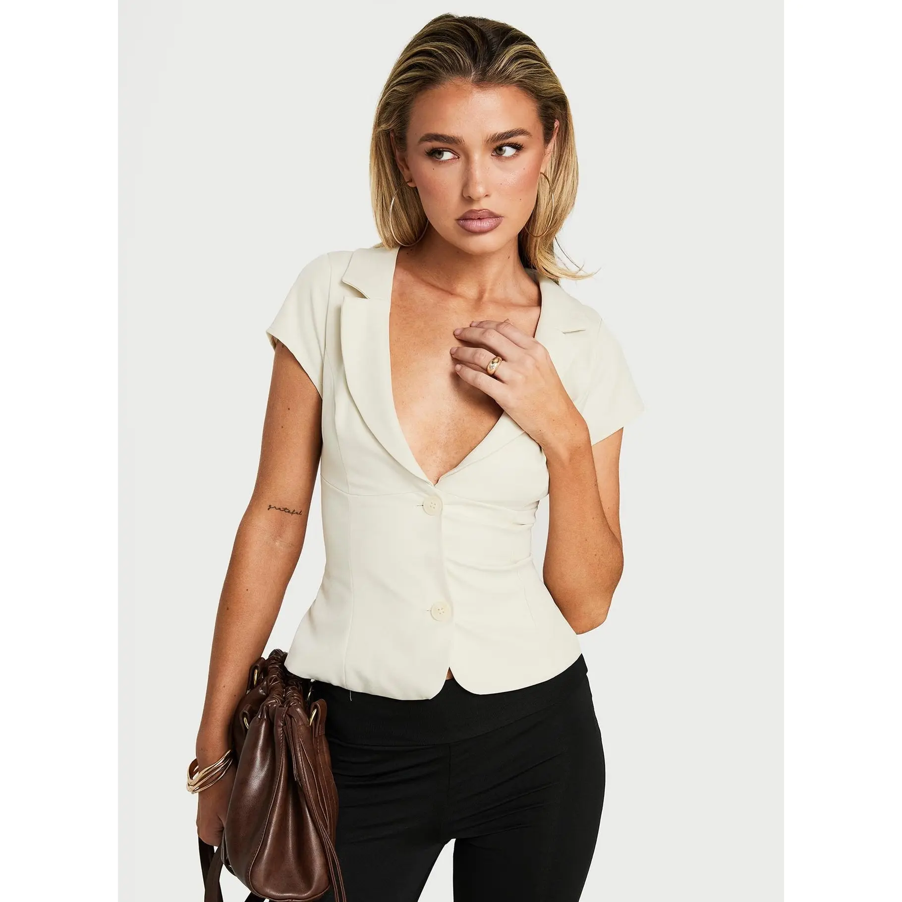 Alexandrea Plunge Button Up Top Cream