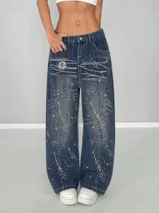 TCH Aesthetic Dark Indigo Embellished Greenish Wash Wide Leg Streetwear Jeans with Crystal Shooting Star Details